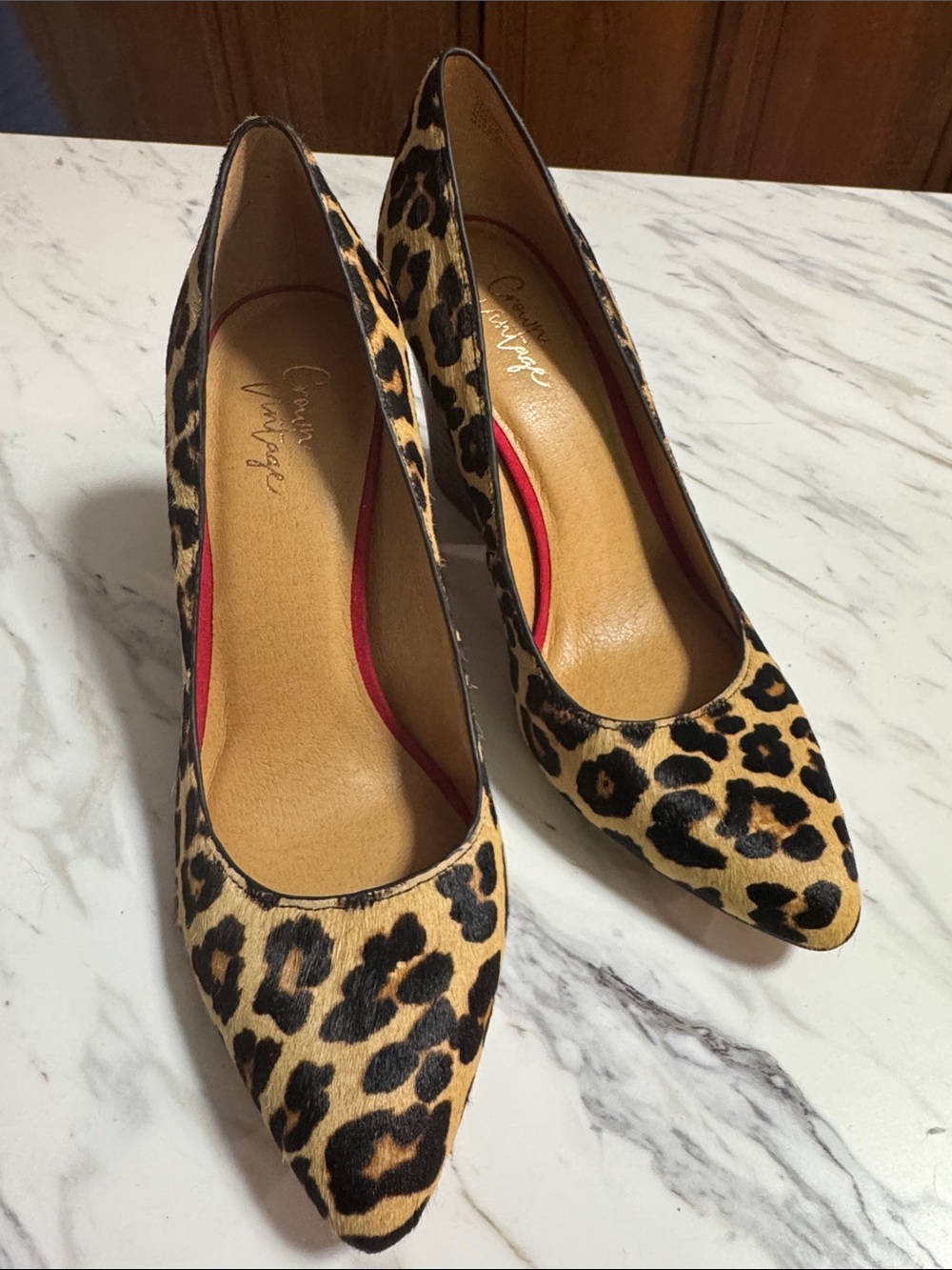 Crown Vintage Leopard Print Pointed Toe Pumps in Tan and Black